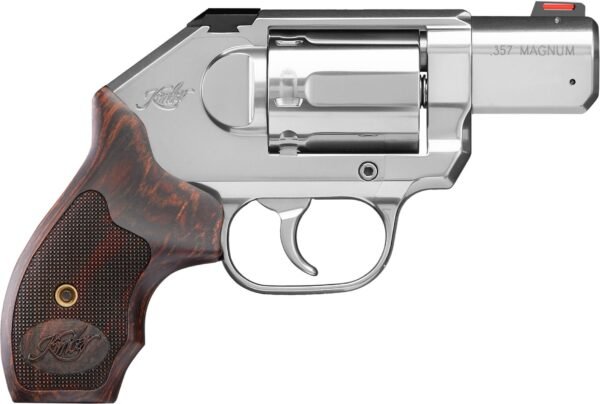 Silver. 357 magnum revolver with wooden grip and engraved logo.