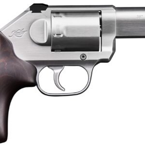 Silver revolver with a wooden grip, featuring a. 357 magnum barrel engraving, isolated on a white background.