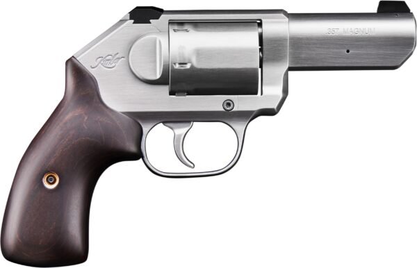 Silver revolver with a wooden grip, featuring a. 357 magnum barrel engraving, isolated on a white background.