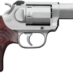 Silver. 357 magnum revolver with a textured dark wood grip.