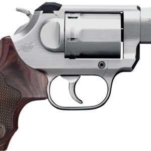 Silver. 357 magnum revolver with a dark wood textured grip, engraved with "kimber" on the handle.