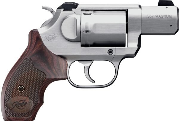 Silver. 357 magnum revolver with a dark wood textured grip, engraved with "kimber" on the handle.