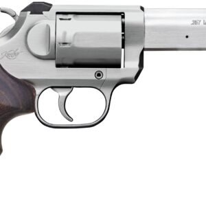 Stainless steel. 357 magnum revolver with a textured dark wood grip.