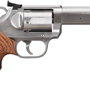 Silver. 357 magnum revolver with a textured wooden grip.