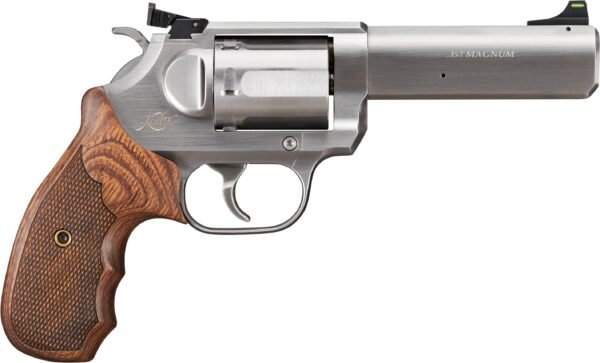 Silver. 357 magnum revolver with a textured wooden grip.