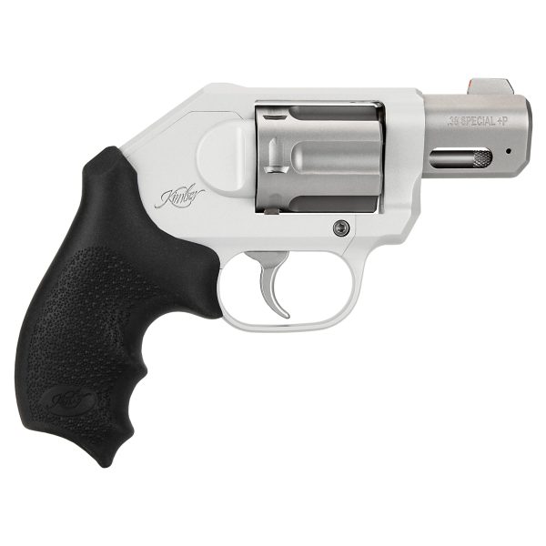 Silver revolver with a black textured grip labeled "kimber," chambered for. 38 special +p.