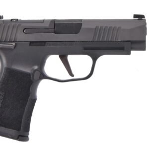 A black sig sauer p365 handgun with textured grip, showing detailed slide and trigger area, isolated on a white background.