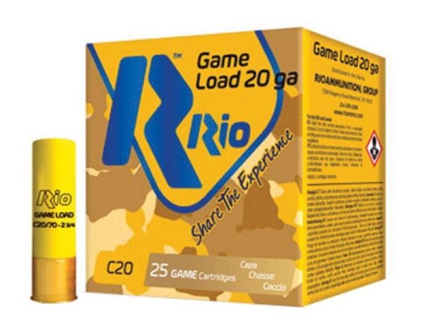 Yellow rio game load 20 gauge ammo box with blue text and camo pattern, featuring a matching yellow shotgun shell beside it.