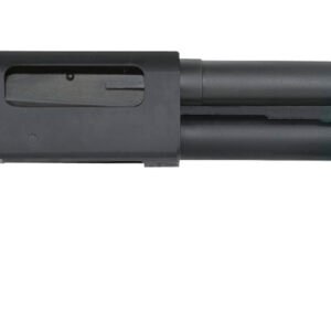 Black tactical shotgun with a short barrel and pistol grip, featuring a ribbed pump-action foregrip and sling swivel, isolated on a white background.