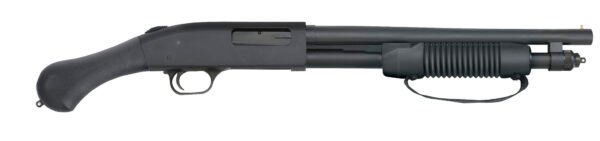 Black tactical shotgun with a short barrel and pistol grip, featuring a ribbed pump-action foregrip and sling swivel, isolated on a white background.