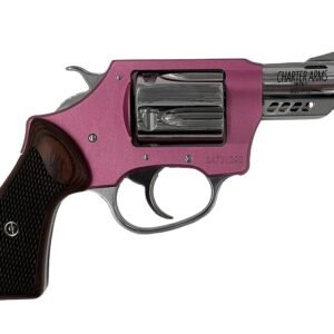 Pink and silver charter arms revolver with black textured grip, featuring a short barrel and polished metal finish.