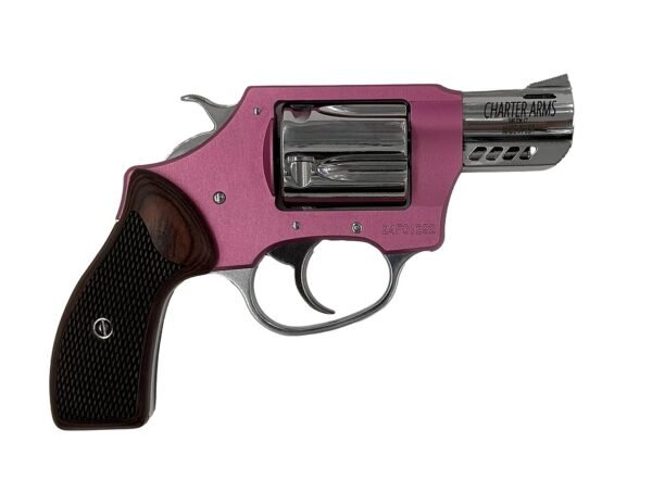 Pink and silver charter arms revolver with black textured grip, featuring a short barrel and polished metal finish.