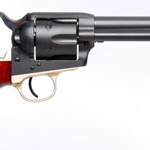 Alt text: black and silver revolver with a dark brown wooden grip.