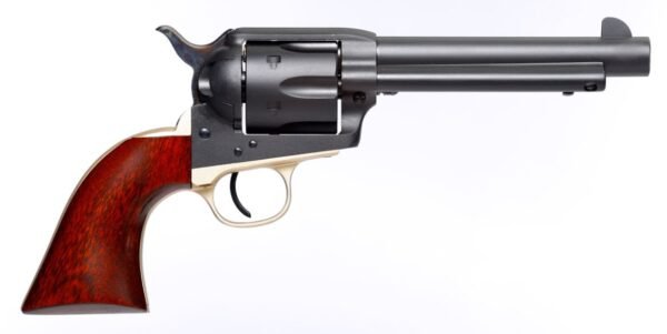 Alt text: black and silver revolver with a dark brown wooden grip.