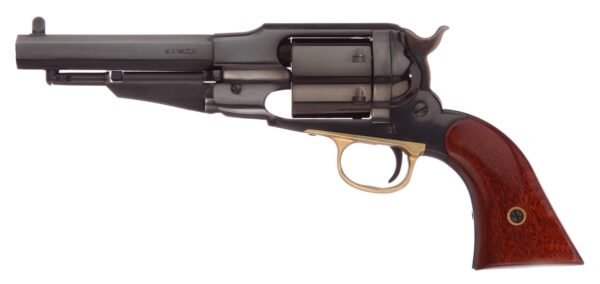 Black revolver with a glossy finish, brass trigger guard, and a wooden grip; marked with "44 w. C. F" on the barrel.