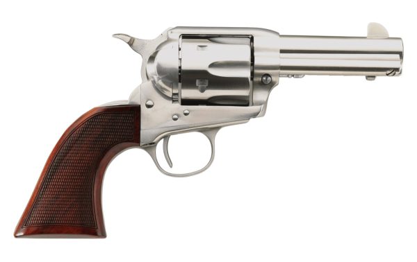 Silver revolver with a polished metal finish and a textured wooden grip.