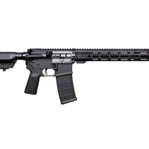 Black semi-automatic rifle with a modular design and adjustable stock.