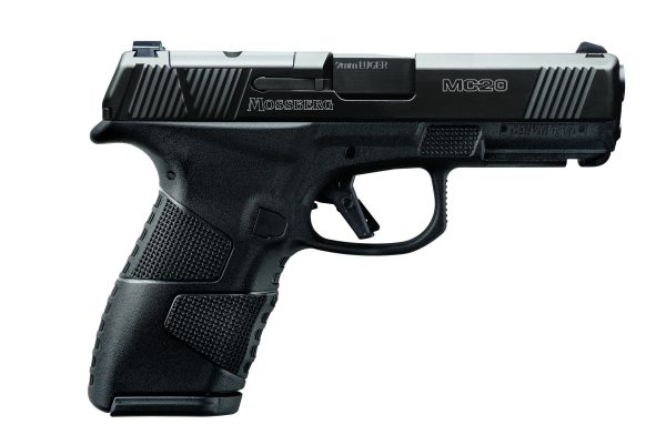 Black mossberg mc2c handgun with textured grip and slide detailing.