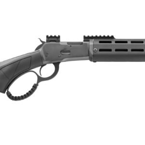 A black and gray lever-action rifle with a modern tactical design, featuring a rail system, ergonomic stock, and an ammunition holder.