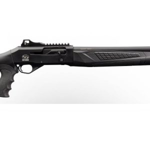 Black semi-automatic shotgun with a grip and textured forend.