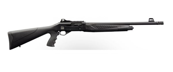 Black semi-automatic shotgun with a grip and textured forend.