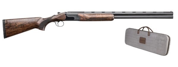 A wooden and black double-barrel shotgun with a gray padded gun bag featuring brown leather accents.