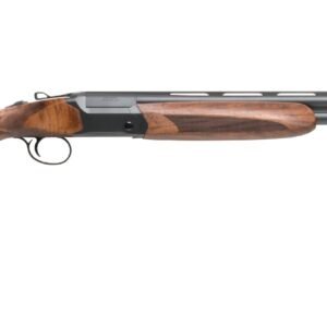 Shotgun with a polished wooden stock and black metal barrel, accompanied by a gray gun case with brown handles, ideal for firearm enthusiasts in casey, iowa.