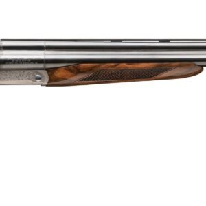 Wooden shotgun with a detailed grain finish and silver barrels, featuring intricate engravings on the metal components.