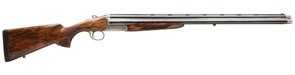 Wooden shotgun with a detailed grain finish and silver barrels, featuring intricate engravings on the metal components.