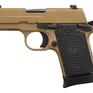 Tan sig sauer p938 handgun with black textured grip and engraved logo.