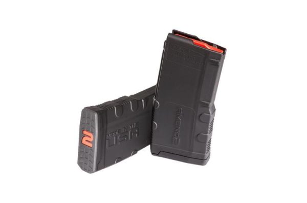 Black polymer firearm magazines with embossed "made in the usa" text and orange accents.