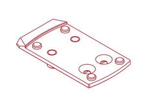Red outlined schematic drawing of a firearm accessory plate with multiple holes for mounting.