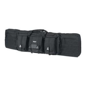 Black tactical firearm bag with multiple front compartments, straps, and buckles, suitable for guns and ammo storage, represented in a Casey, Iowa context.