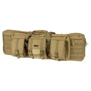 Beige tactical rifle bag with multiple exterior pockets and MOLLE webbing, suitable for firearms and ammo storage.
