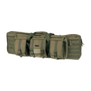 Olive green tactical firearm bag with multiple compartments and buckle straps.