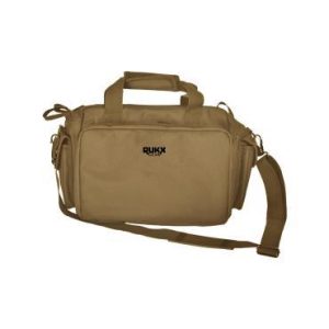 Tan firearms range bag with multiple compartments and shoulder strap.