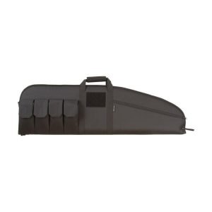 Black gun case with four external pouches and a carrying handle, designed for firearms and ammo storage.