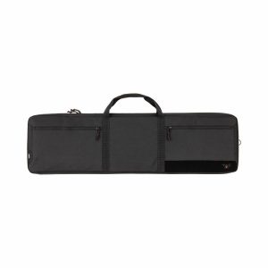 Black firearm bag with two zippered pockets, top carrying handle, and red detailing at the zippers and bottom right corner.