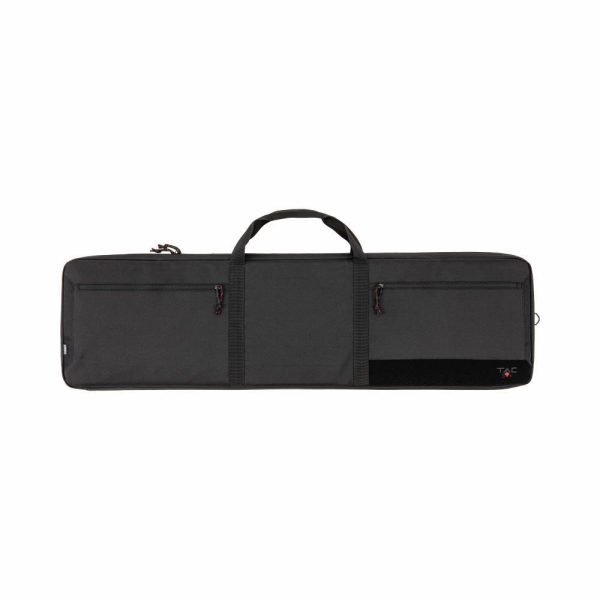 Black firearm bag with two zippered pockets, top carrying handle, and red detailing at the zippers and bottom right corner.