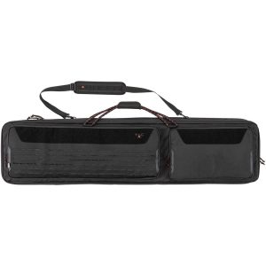 Black tactical firearm carrying bag with padded shoulder strap and multiple compartments, designed for ammunition and gun storage.