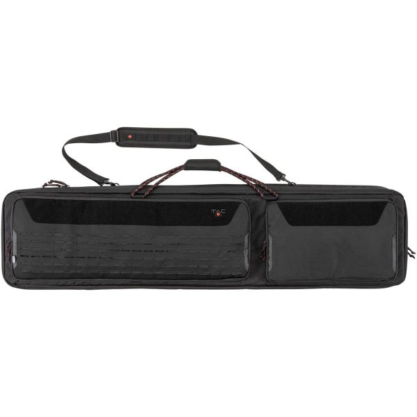 Black tactical firearm carrying bag with padded shoulder strap and multiple compartments, designed for ammunition and gun storage.