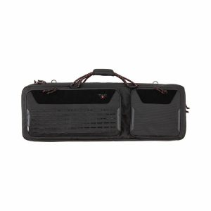 Black tactical firearms bag with dual compartments and reinforced handles, ideal for guns and ammo storage.