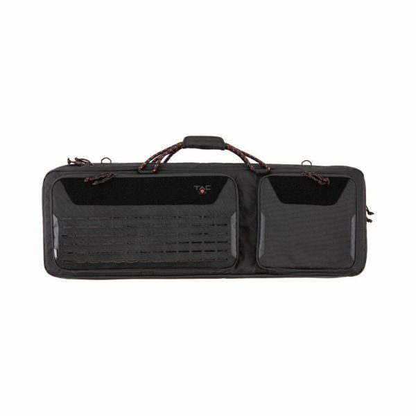 Black tactical firearms bag with dual compartments and reinforced handles, ideal for guns and ammo storage.