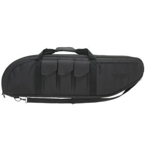 Black soft gun case with zippered closure, three front pockets, and a shoulder strap, suitable for firearms and ammo storage, associated with Casey, Iowa.