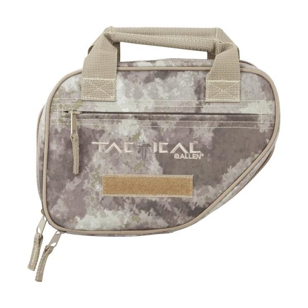 Camouflage tactical firearm bag with beige handles and zippers, featuring the "tactical" logo, from casey, iowa.