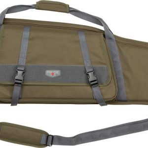 Olive green firearm bag with gray straps and handles, featuring a small front logo patch.