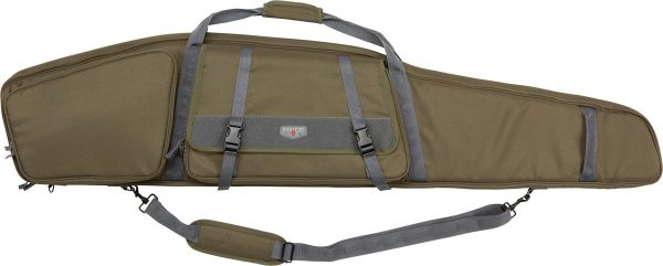 Olive green firearm bag with gray straps and handles, featuring a small front logo patch.
