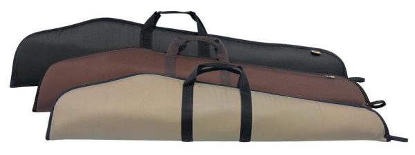 Three gun cases in black, brown, and tan colors with handles.