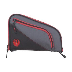 Gray and black gun carry bag with red accents and a red logo, featuring multiple zippered compartments.
