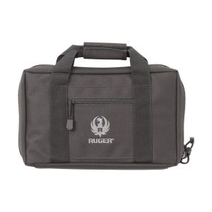 Gray Ruger firearm and ammo bag with black handles and a front zipper pocket, featuring the Ruger logo in white.
